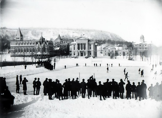 Crowd watching outdoor hockey game, 1884